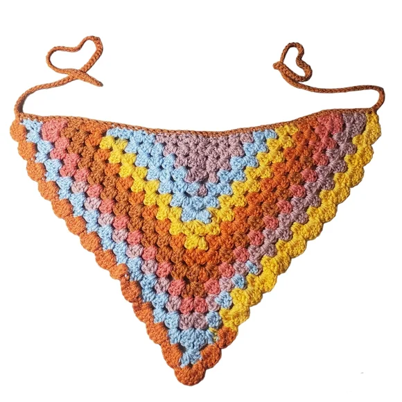 Handmade Crochet Hair Bandana XL Scallop Edge Multicolored Scalloped Aqua Multicolored Cotton Crochet Bandana  main image 3